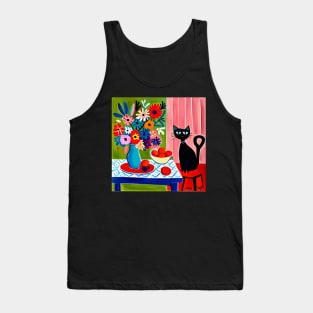 Black Cat with Still Life Flowers in a Blue Vase Still Life Painting Tank Top